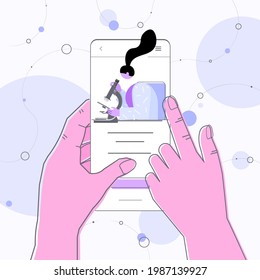 mujer científica que utiliza microscopio para analizar la estructura del ADN en una investigación de la pantalla del smartphone haciendo experimentos en laboratorio