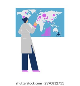 Frauenwissenschaftlerin betrachtet die Karte, flache Cartoon-Vektorgrafik einzeln auf weißem Hintergrund. Junge Ärztin, die in der Nähe einer Wand oder eines Monitors steht, Blick von hinten.