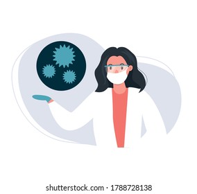 Woman scientist working on creating vaccine. Coronavirus pandemic concept. Laboratory trial. Flat vector illustration.