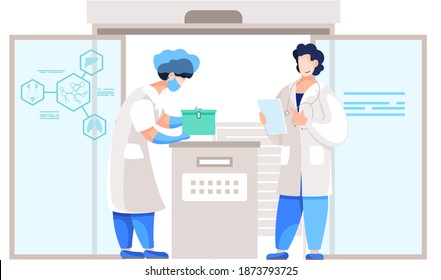 Woman scientist works with box. Chemists spend time together. People in white lab coats work with data. Female character with container in hands. Guy with a phonendoscope reads from a sheet of paper