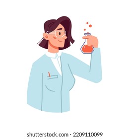 Woman scientists in laboratory experimenting and creating vaccines. Professor with liquid in beaker testing and studying results. Vector in flat cartoon style