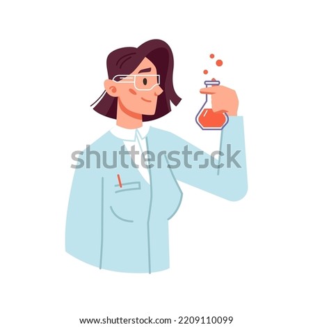 Woman scientists in laboratory experimenting and creating vaccines. Professor with liquid in beaker testing and studying results. Vector in flat cartoon style