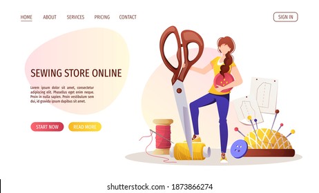 Woman with scissors. Patterns, pincushion, threads, buttons. Seamstress, sewing workshop or courses, needlework, handicraft concept. Vector illustration for banner, advertising, poster, website.