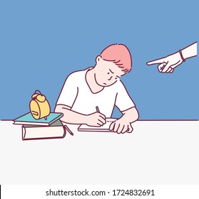 woman is scolding her cute little son while he is doing homework. Hand drawn style vector design illustrations.