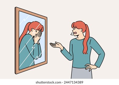 Woman scolds own reflection in mirror, for concept of low self-esteem and problems with having self-confidence. Split personality and lack of self-esteem causes disorder or nervous breakdowns