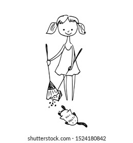 Woman with scoop and broom. Line drawing. Vector illustration.