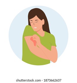 La mujer se rasca la mano. Picor local en el brazo, picor alérgico, inflamación de la piel, enrojecimiento e irritación.Dermatitis atópica, eccema, piel seca.Concepto aislado, vector