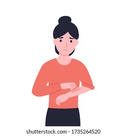 Woman scratches her wrist. Local itching on the arm, allergic itching,  inflammation of the skin, redness and irritation. Flat vector cartoon modern illustration.