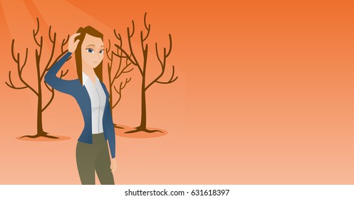 Woman scratching head in dead forest. Illustration of woman in dead forest caused by global warming or wildfire. Environmental destruction concept. Vector flat design illustration. Horizontal layout.