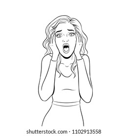 Woman scream coloring retro vector illustration. Masterpiece metaphor. Isolated image on white background. Comic book style imitation.
