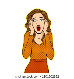 Woman scream pop art retro vector illustration. Masterpiece metaphor. Isolated image on white background. Comic book style imitation.