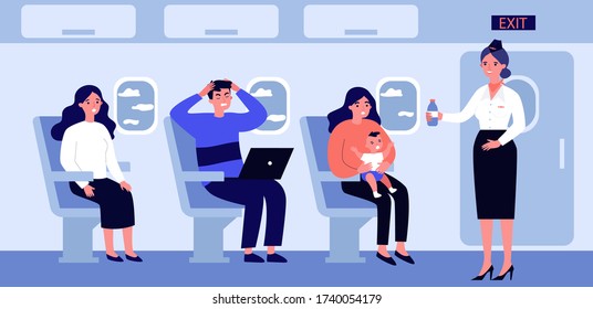 Woman With Screaming Baby Travelling By Plane. Stressed Passengers, Stewardess With Water Flat Vector Illustration. Transportation, Tourism Concept For Banner, Website Design Or Landing Web Page