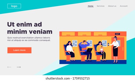 Woman With Screaming Baby Travelling By Plane. Stressed Passengers, Stewardess With Water Flat Vector Illustration. Transportation, Tourism Concept For Banner, Website Design Or Landing Web Page