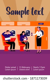 Woman With Screaming Baby Travelling By Plane. Stressed Passengers, Stewardess With Water Flat Vector Illustration. Transportation, Tourism Concept For Banner, Website Design Or Landing Web Page