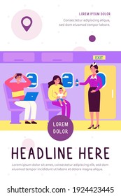 Woman With Screaming Baby Travelling By Plane. Stressed Passengers, Stewardess With Water Flat Vector Illustration. Transportation, Tourism Concept For Banner, Website Design Or Landing Web Page