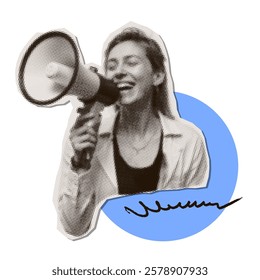 Woman Screaming in bullhorn. Modern collage halftone female body with loudspeaker. Advertising sticker with megaphone and copy space. Announcement banner of news, sales. Pop art style vector design.