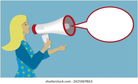 Mulher gritando sua mensagem através do megafone. Convença e diga a mensagem. Ilustração vetorial. Dimension 16:9