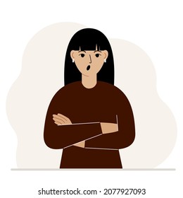 The woman is screaming and upset. The arms are crossed over the chest. Vector flat illustration
