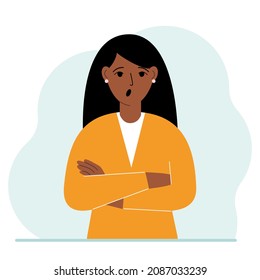 The woman is screaming and upset. The arms are crossed over the chest. Vector flat illustration