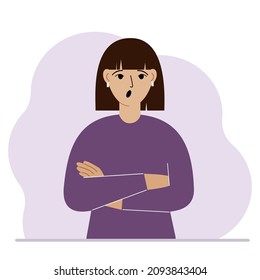 The woman is screaming and upset. The arms are crossed over the chest. Vector flat illustration