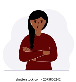 The woman is screaming and upset. The arms are crossed over the chest. Vector flat illustration