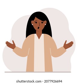 The woman is screaming and upset. Hands are spread out in different directions. Vector flat illustration