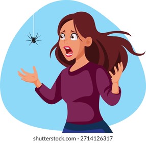 Mulher Gritando Ao Ver uma Ilustração de Vetor de Aranha Inofensiva. Menina estressada e assustada se sentindo desconfortável ao ver um aracnídeo assustador

