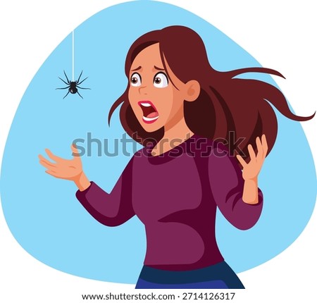 Woman Screaming When Seeing a Harmless Spider Vector Illustration. Stressed and startled girl feeling unease when seeing a creepy  arachnid
