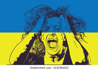 The woman screams in despair. Banner, poster on a yellow-blue background. Contour graphics of emotions. Protest . Vector illustration.