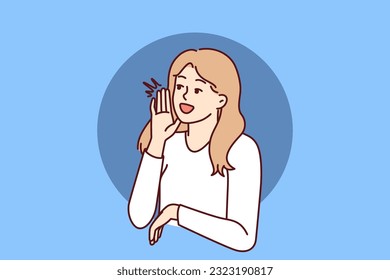 Woman screams with hand to mouth to announce start of seasonal sale or discounts for shopping. Beautiful girl promoter screams calling to pay attention to promotional product or service