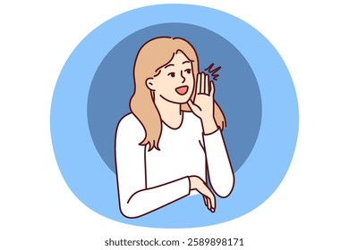 Woman screams with hand to mouth to announce start of seasonal sale or discounts for shopping. Beautiful girl promoter screams calling to pay attention to promotional product or service