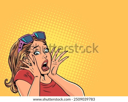 The woman screams in horror, covering her face with her hands. Incredible holiday deals. Surprised and frightened client. Pop Art Retro Vector Illustration Kitsch Vintage 50s 60s Style