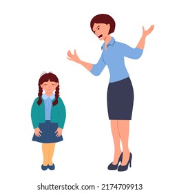 A woman screams at a little girl. A mother scolds her daughter. Child  is crying. Vector illustration in flat style on a white background.