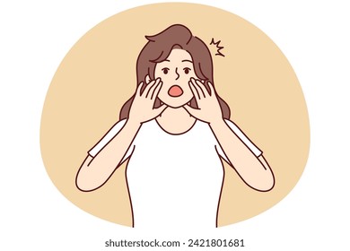 Woman screams loudly with mouth wide open and holds hands near face to tell others important news. Frightened girl tries to call for help using palms instead of megaphone. Flat vector design