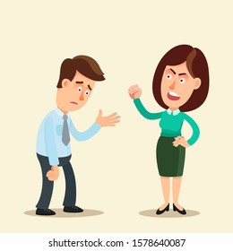 Woman screams at a man, humiliates and insults him. Female emotional pressure, tantrum. Male degradation. Wife leader in family. Vector illustration flat design cartoon style. Isolated background.