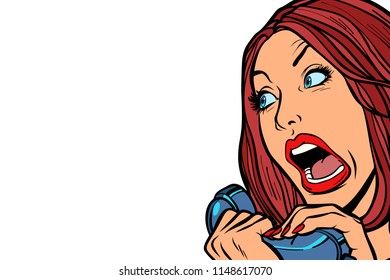 Woman screams in phone. Isolate on white background. Comic cartoon pop art retro vector drawing