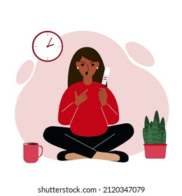 A woman screams in shock and holds a positive pregnancy test result. Vector flat illustration