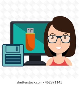 woman screen floppy usb vector illustration grahic