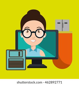 woman screen floppy usb vector illustration grahic