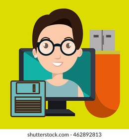 woman screen floppy usb vector illustration grahic