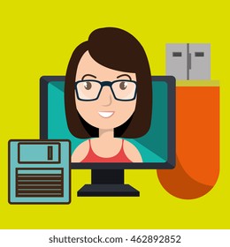 woman screen floppy usb vector illustration grahic