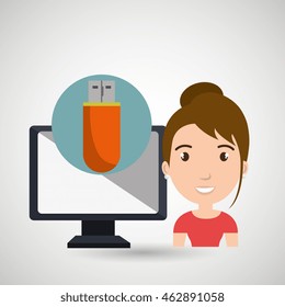 woman screen wifi usb vector illustration grahic