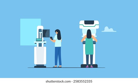 A woman is screened for breast cancer using mammography test accompanied by a doctor or general practitioner. A modern technologically advanced clinic or hospital with professional doctors.