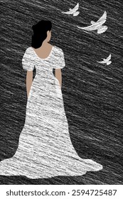 A woman in a scribbled gown observes flying scribbled birds against a scribbled background.
