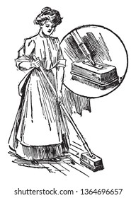 A woman scrubbing floor using weighted brush, vintage line drawing or engraving illustration