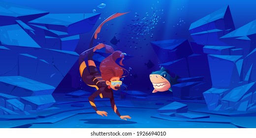 Woman Scuba Diver And Angry Shark Under Water In Sea Or Ocean. Vector Cartoon Illustration Of Underwater Landscape With Girl In Diving Suit With Mask And Aggressive Fish With Sharp Teeth