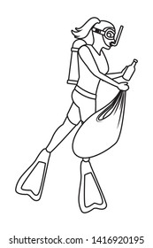 woman scuba diver diving picking garbage and put it into a bag avatar cartoon character in black and white vector illustration graphic design