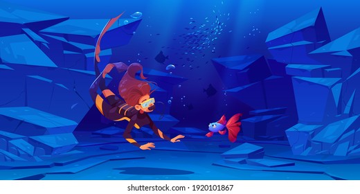 Woman scuba diver with mask look at cute fish under water in sea or ocean. Vector cartoon illustration of underwater landscape with stones, fishes and girl in diving suit with aqualung