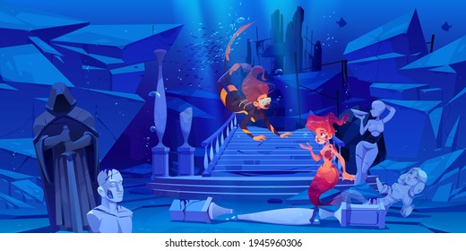 Woman scuba diver with mask meet mermaid under water in sea or ocean. Vector cartoon illustration of underwater landscape with sunken ancient ruins, girl in diving suit and girl fish