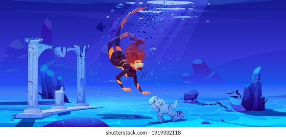 Woman scuba diver with mask and sunken ancient city under water in sea or ocean. Vector cartoon illustration of underwater landscape with ruins, stones, fishes and girl in diving suit with aqualung